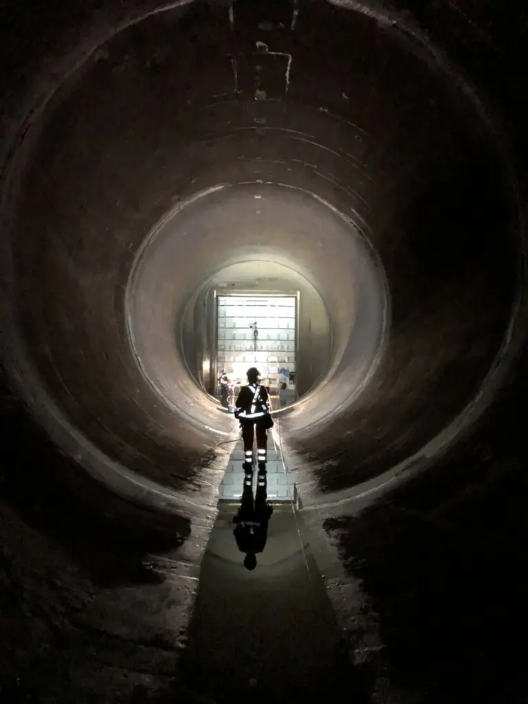 Technician walking through a large industrial tunnel